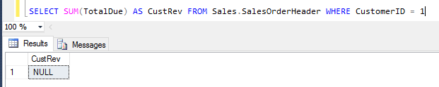 Следующий снимок экрана показывает, что запрос возвращает NULL при запуске непосредственно на экземпляре SQL Server: